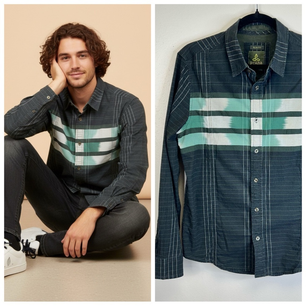 Organic Cotton Boho Green Button Up Top Mens S Aztec Artsy Business Casual Cool